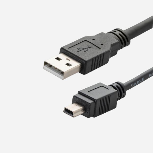 A black USB type A to USB type B connector cable with a USB type A male connector and a USB type B mini 5 pin male connector