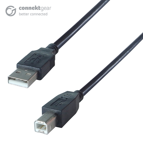 a black USB type A to type B connector cable with a USB type A male connector and a USB type B male connector