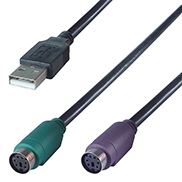 a black USB type A to PS/2 adapter cable with a USB type A male connector and two ps2 female connectors one is green and one is purple