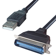 A black USB to parallel centronics printer cable with a USB type A male connector and a CM36M connector