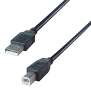 a black USB type A to type B connector cable with a type A male USB connector and a type B male USB connector