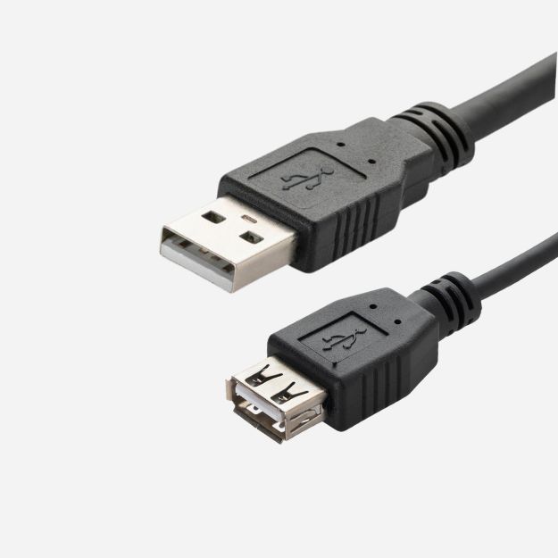 A black USB type A extension cable with a type A male USB connector and a type A female USB connector
