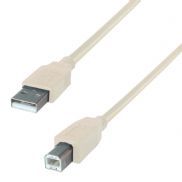 a beige USB type A to type B connector cable with a USB type A male connector and a USB type B male connector