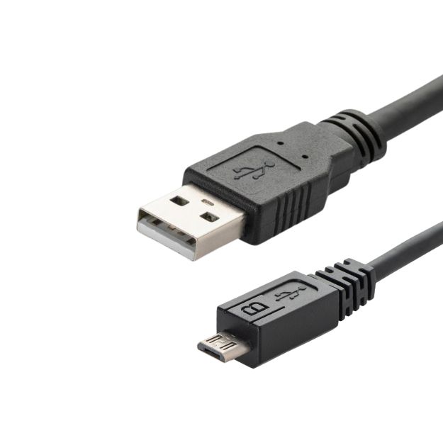 A black USB type A to type B connector cable with a USB type A male connector and a USB B micro male android charger connector