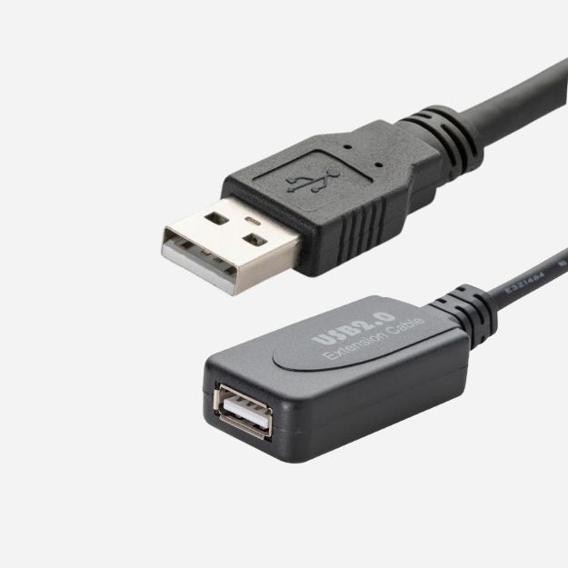 A black USB type A extension cable with a type A male USB connector and a type A female USB connector in black plastic housing