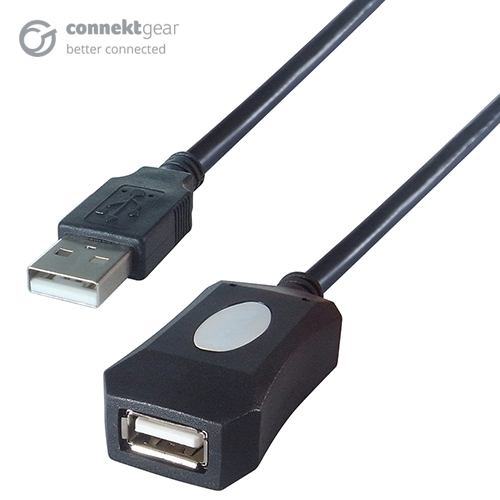 A black USB type A extension cable with a type A male USB connector and a type A female USB connector in black plastic housing