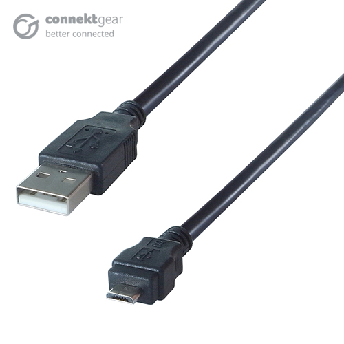 A black USB type A to type B connector cable with a USB type A male connector and a USB B micro male android charger connector