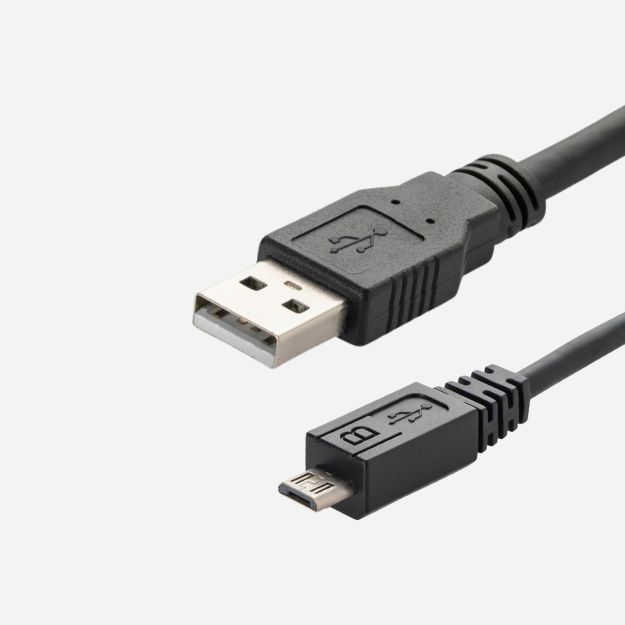 A black USB type A to type B connector cable with a USB type A male connector and a USB B micro male android charger connector