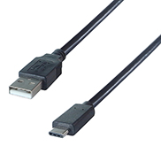 A black USB type A to type C connector cable with a USB type A male connector and a USB type C male connector