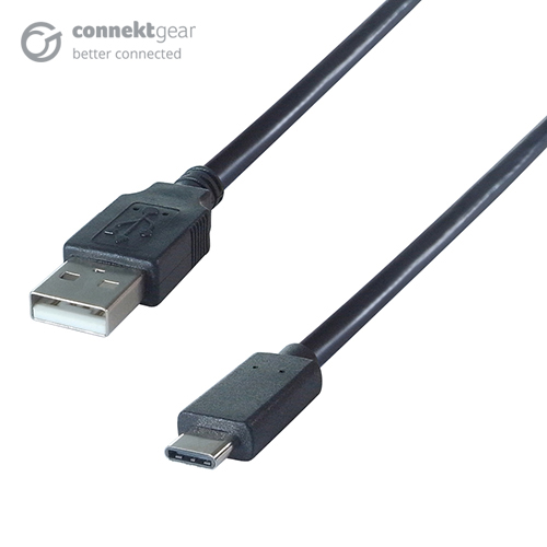 A black USB type A to type C connector cable with a USB type A male connector and a USB type C male connector