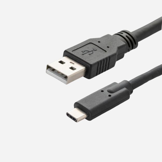 A black USB type A to type C connector cable with a USB type A male connector and a USB type C male connector