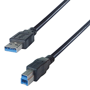 a black USB type A to type B connector cable with a USB type A male connector and a USB type B male connector