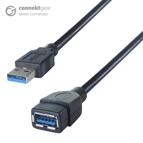 a black USB type A extension cable with a USB type A male connector and a USB type A female port in plastic housing