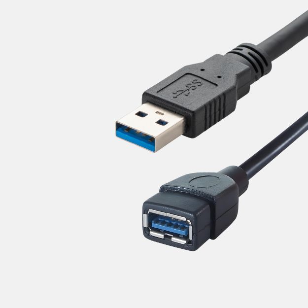 a black USB type A extension cable with a USB type A male connector and a USB type A female port in plastic housing