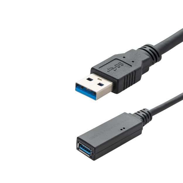 a black USB type A extension cable with a USB type A male connector and a USB type A female port in plastic housing