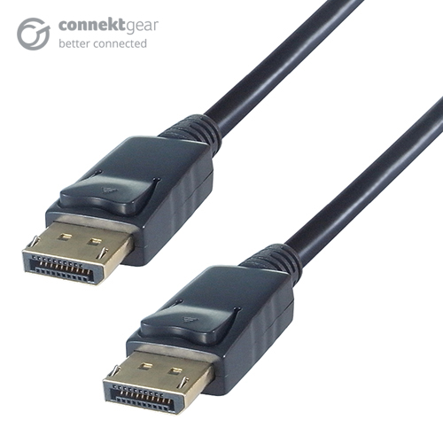 a black displayport connector cable with two displayport male connectors with latches on the top