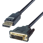 a displayport to DVI connector cable with a displayport male gold plated connector with a latch on the top and a DVI gold plated male connector