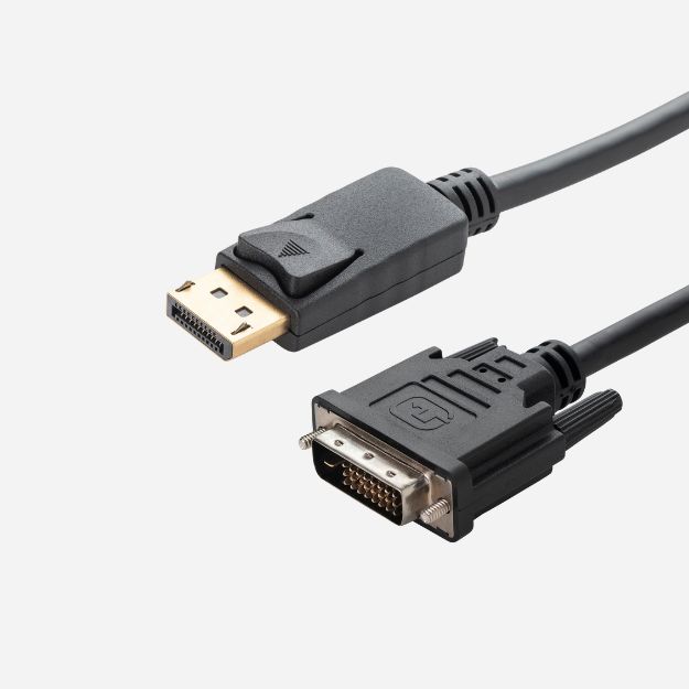 a displayport to DVI connector cable with a displayport male gold plated connector with a latch on the top and a DVI gold plated male connector