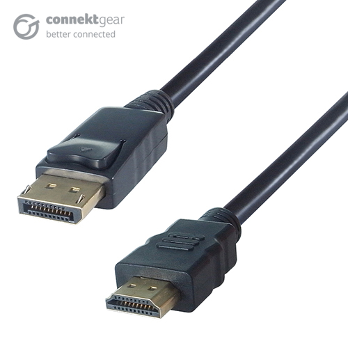 a black HDMI to displayport connector cable with a gold plated DisplayPort male connector and a HDMI gold plated male connector