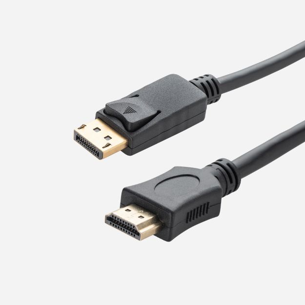 a black HDMI to displayport connector cable with a gold plated DisplayPort male connector and a HDMI gold plated male connector