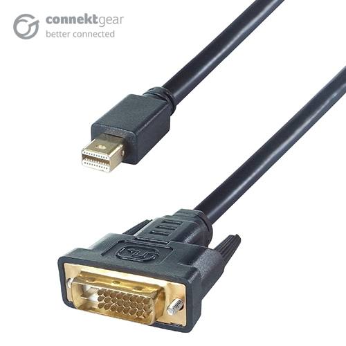 a mini displayport to dvi-d black connector cable with a mini displayport male gold plated connector and a DVI-d male gold plated connector