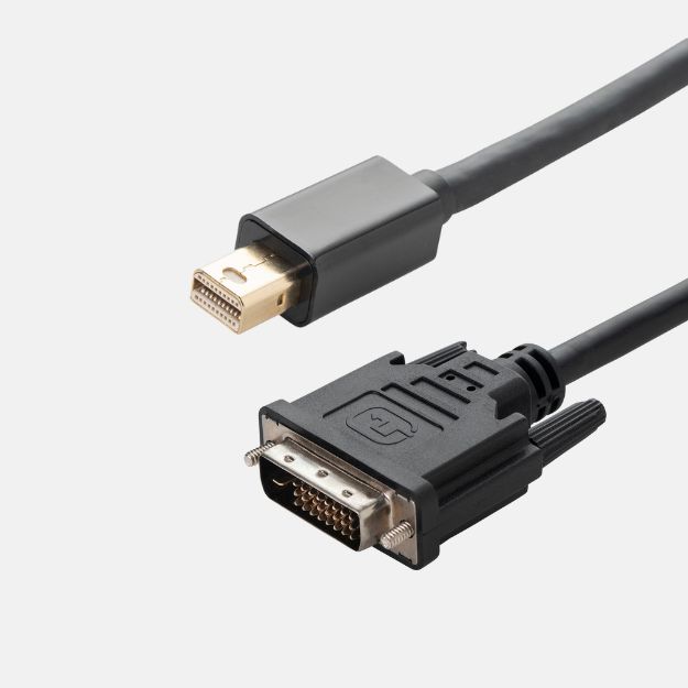 a mini displayport to dvi-d black connector cable with a mini displayport male gold plated connector and a DVI-d male gold plated connector