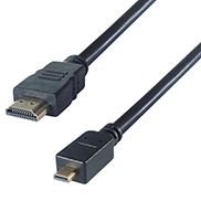 a HDMI type A to type D micro black connector cable with a HDMI type A male gold plated connecto and aHDMI type D micro gold plated male connector