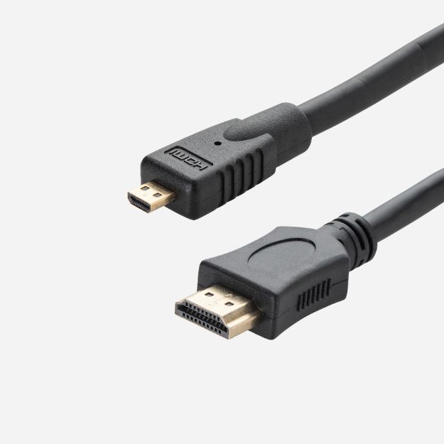 a HDMI type A to type D micro black connector cable with a HDMI type A male gold plated connecto and aHDMI type D micro gold plated male connector