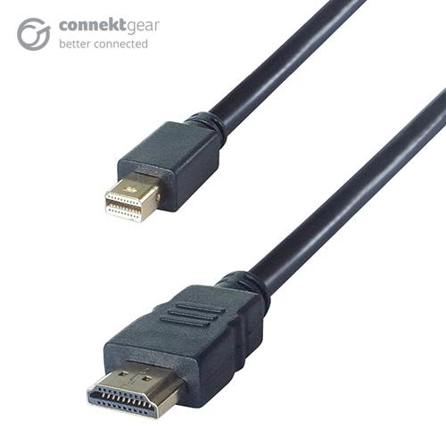 a black mini displayport to HDMI connector cable with a Mini displayport male gold plated connector and a HDMI type A male gold plated connector