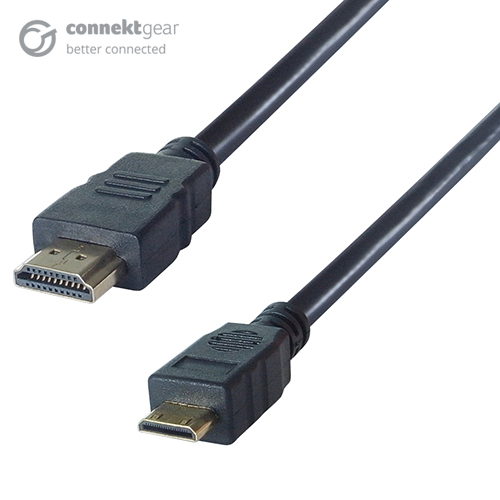 a black hdmi type A to type C mini connector cable with a HDMI male gold plated connector and a HDMI type C mini male gold plated connector