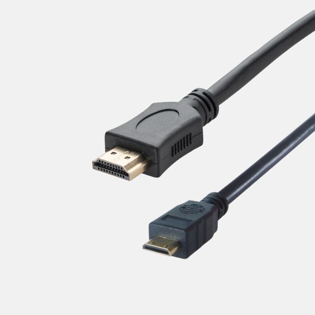 a black hdmi type A to type C mini connector cable with a HDMI male gold plated connector and a HDMI type C mini male gold plated connector