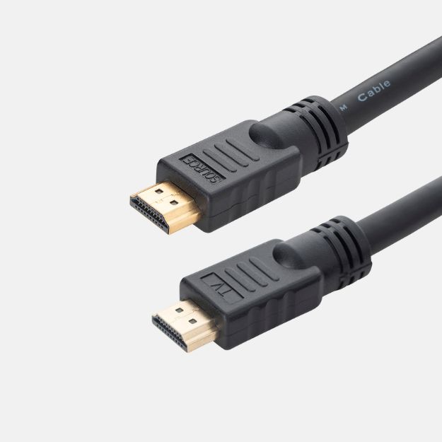 a black HDMI type a connector cable with two gold plated male HDMI type A connectors