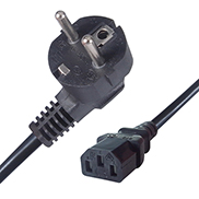 a black Schuko european mains to C13 IEC connector cable with a male Schuko connector and a C13 IEC female connector