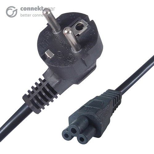 a black schuko to C5 IEC connector cable with a schuko european male mains plug connector and a C5 IEC female connector
