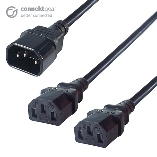 a black c14 to C13 connector canle with a c14 iec male connector and two c13 female iec sockets