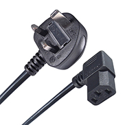 a black UK mains to iec c13 connector cable with a male uk mains connector plug and a C13 IEC right angled female connector