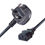a black UK mains to C13 connector cable with a UK mains male connector plug and aC13 IEC female connector