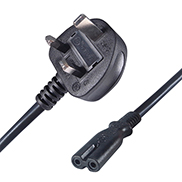 a black UK mains to C7 connector cable with a Uk male mains plug connector and a C7 IEC female figure 8 connector
