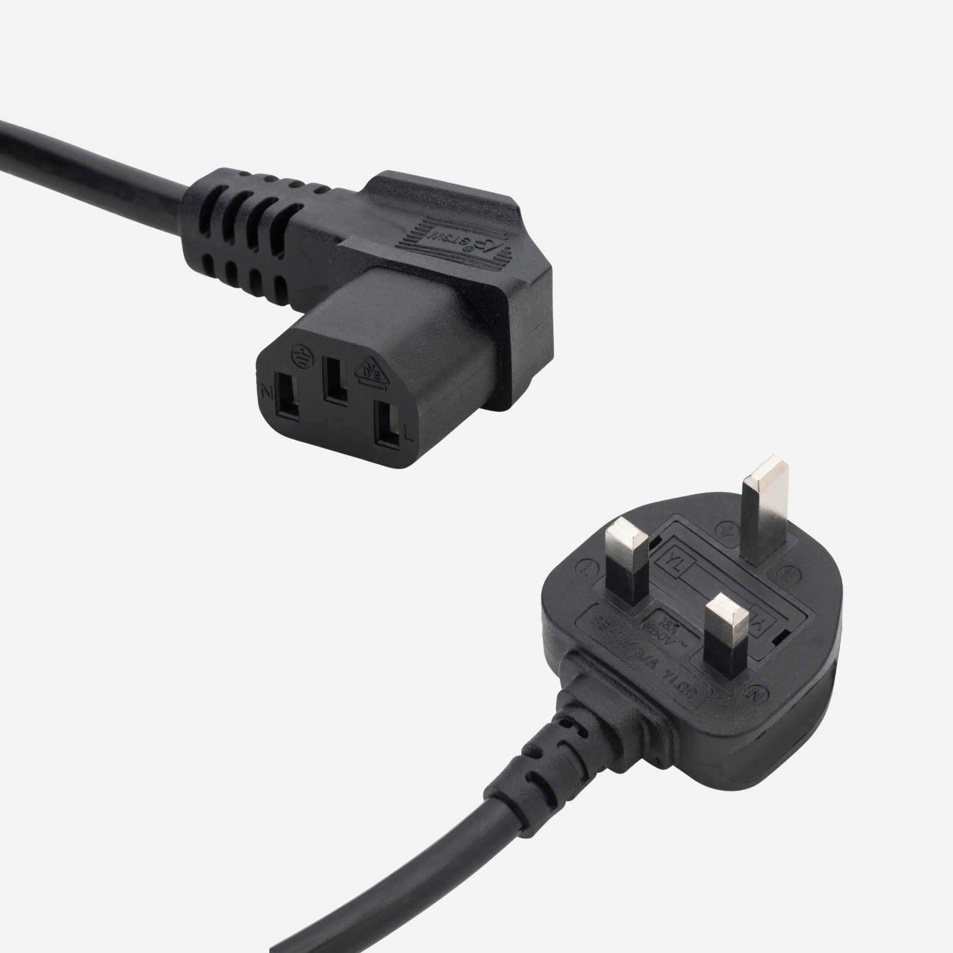 a black UK mains to C13 connector cable with a UK mains male connector plug and a C13 IEC right angled female connector