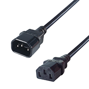 a black c14 to c13 connector cable with a c14 IEC male connector and a C13 IEC female connector