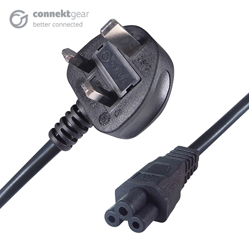a UK mains to C5 connector with a  UK male mains plug connencto and a C5 cloverleaf mains connector