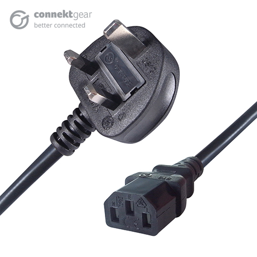 a black uk mains to c13 connector cable with a UK male mains plug connector and a C13 IEC  female connector