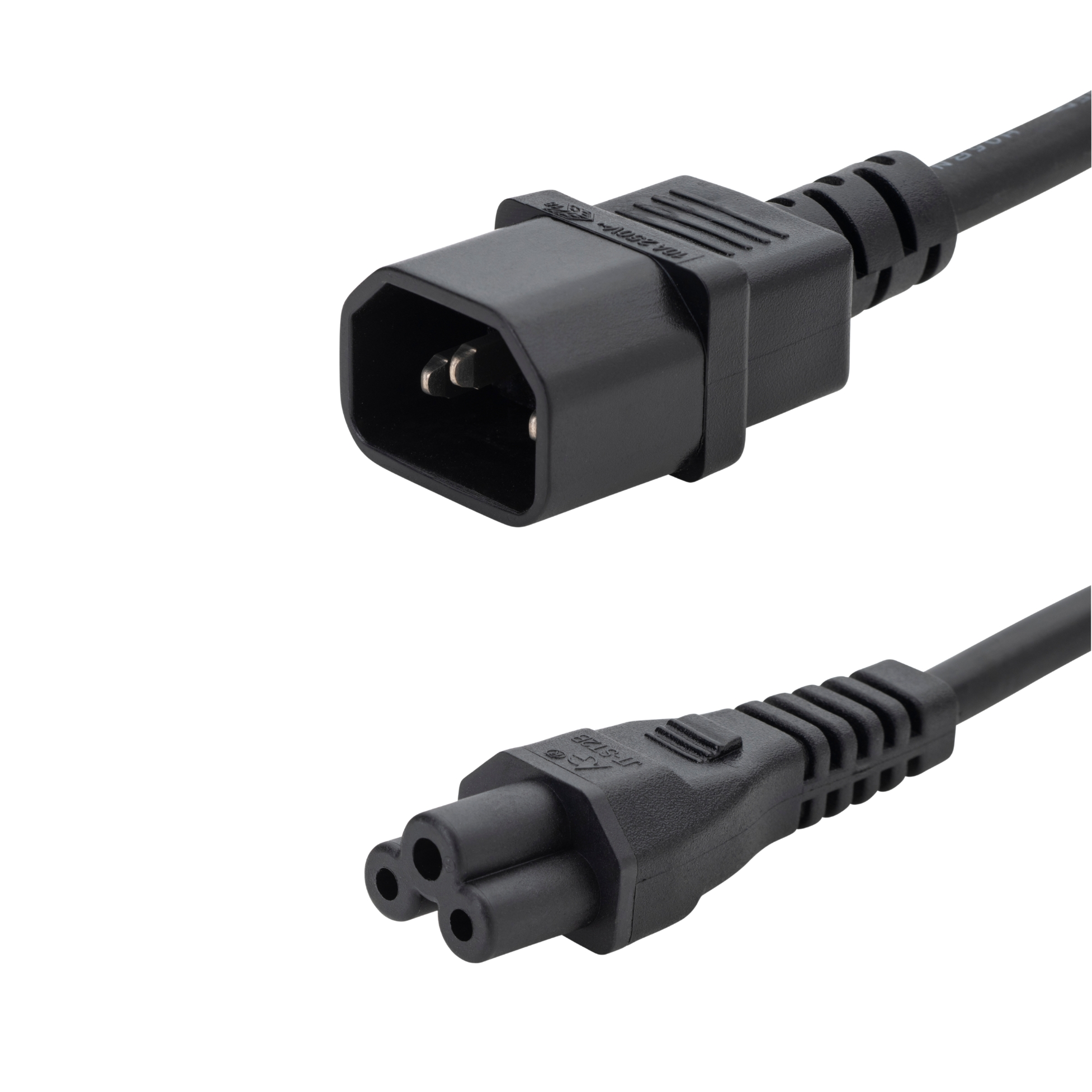 a black c14 to c5 connector cable with a C14 IEC male connector and a C5 IEC cloverleaf female connector