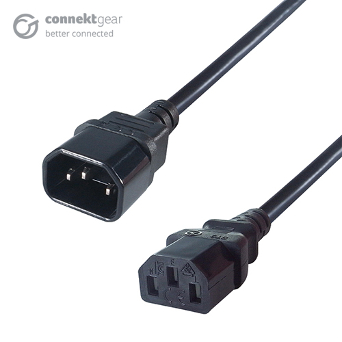 a black c14 to c13 connector cable with a C14 IEC male connector and a C13 IEC female connector