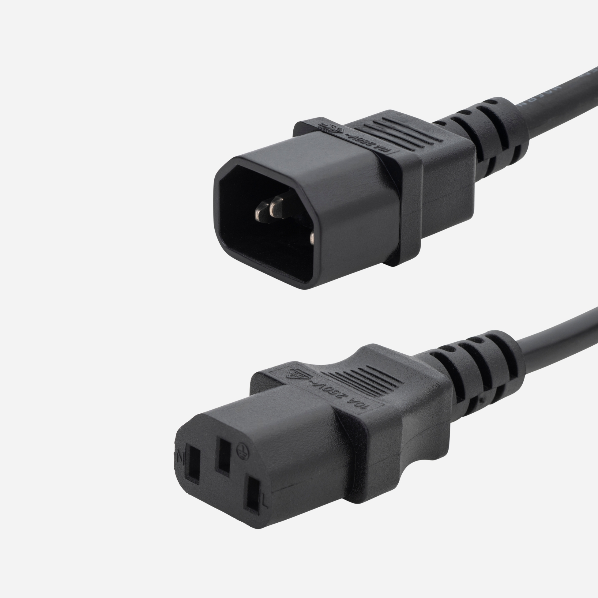 a black c14 to c13 connector cable with a C14 IEC male connector and a C13 IEC female connector