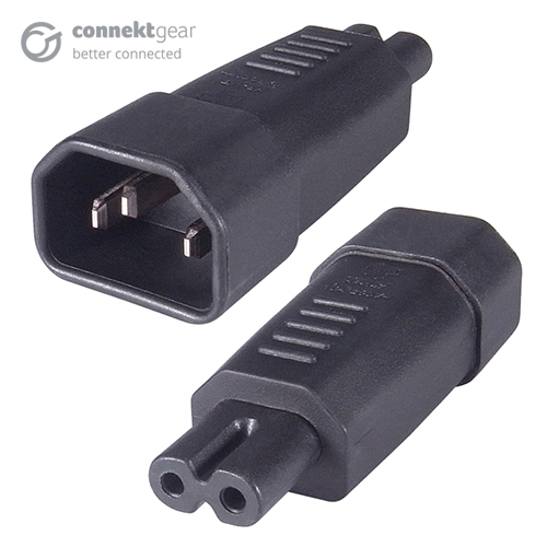 a c14 to 2 pin c7 adapter in a black plastic housing with a C14 IEC male connector and a C7 IEC figure 8 female connector