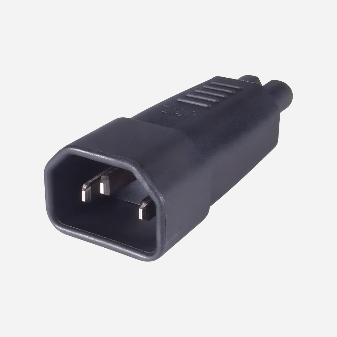 a c14 to 2 pin c7 adapter in a black plastic housing with a C14 IEC male connector and a C7 IEC figure 8 female connector