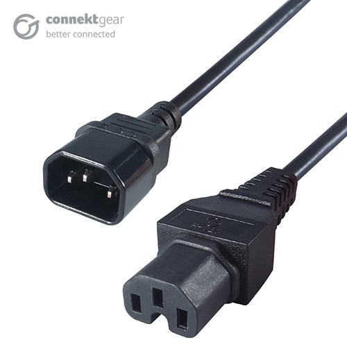 a c14 to c15 black connector cable with a C14 IEC male connector and a C15 IEC female connector
