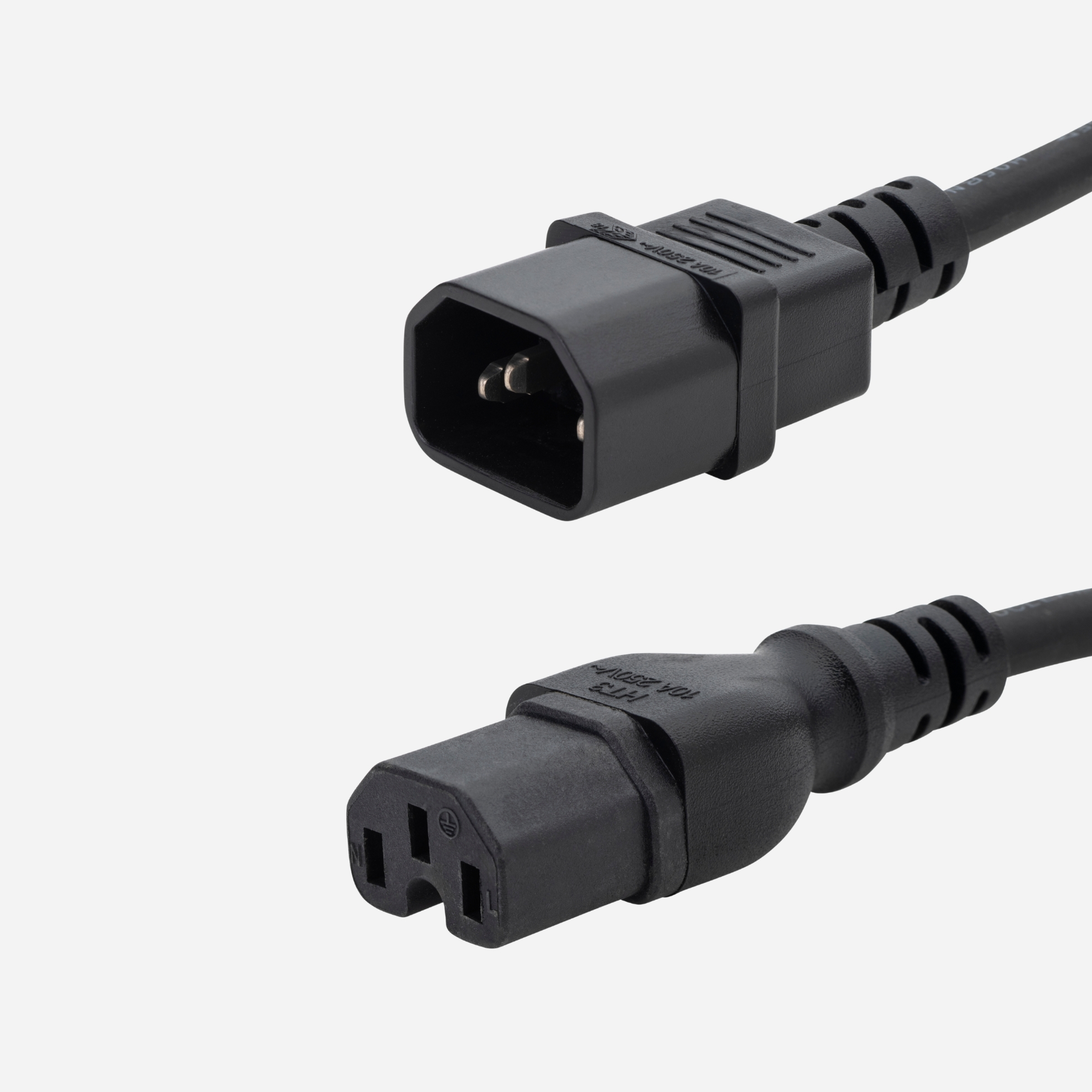 a c14 to c15 black connector cable with a C14 IEC male connector and a C15 IEC female connector