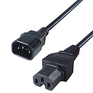 a c14 to c15 black connector cable with a C14 IEC male connector and a C15 IEC female connector